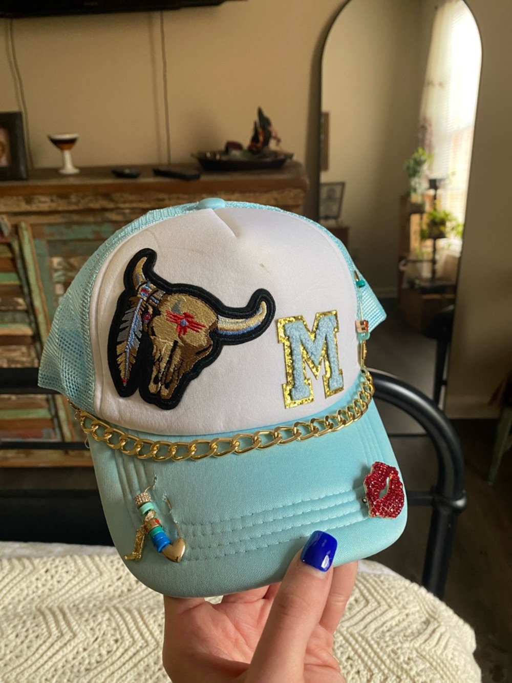 Customized Western Sky Blue and White and Gold Cowgirl M Trucker Hat — OS